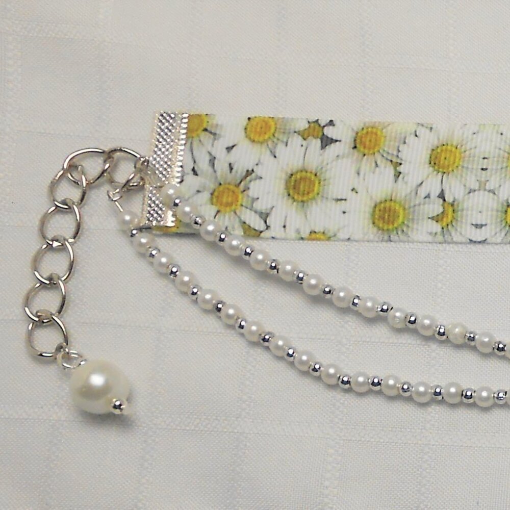 No584 Statement handmade 3 rows choker necklace with patterned ribbon